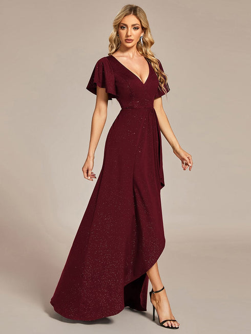 Ruffled Sleeve Tea Length Evening Dress with Side Split
