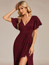 Ruffled Sleeve Tea Length Evening Dress with Side Split