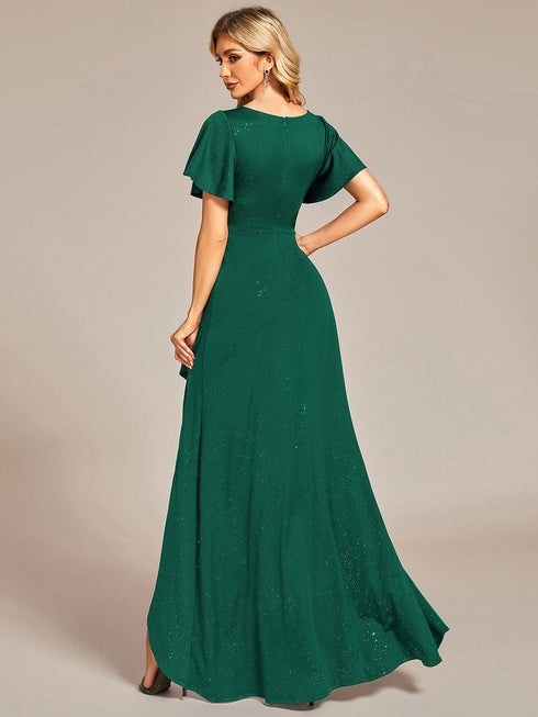 Ruffled Sleeve Tea Length Evening Dress with Side Split
