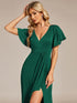 Ruffled Sleeve Tea Length Evening Dress with Side Split