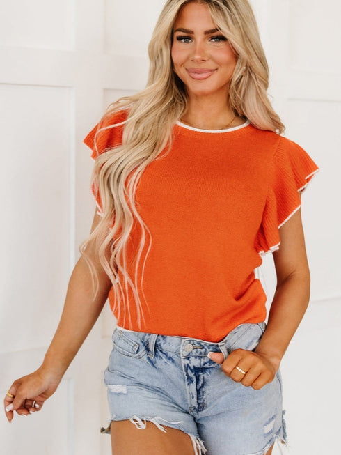 Russet Orange Ruffle Sleeve Short Sleeve Knit Top