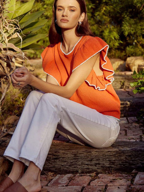 Russet Orange Ruffle Sleeve Short Sleeve Knit Top