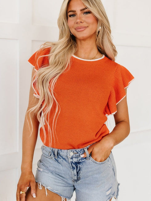 Russet Orange Ruffle Sleeve Short Sleeve Knit Top