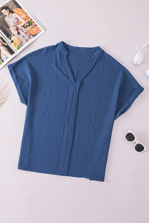 Sail Blue Notched Neck Batwing Sleeve Lightweight Blouse