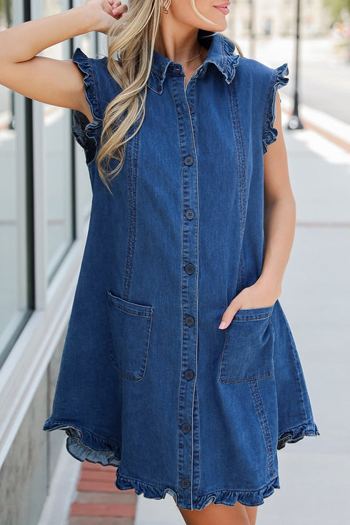 Sail Blue Ruffled Edge Collared Shift Denim Dress with Pockets