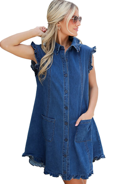 Sail Blue Ruffled Edge Collared Shift Denim Dress with Pockets