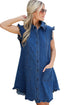 Sail Blue Ruffled Edge Collared Shift Denim Dress with Pockets
