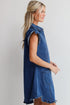 Sail Blue Ruffled Edge Collared Shift Denim Dress with Pockets