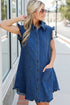 Sail Blue Ruffled Edge Collared Shift Denim Dress with Pockets