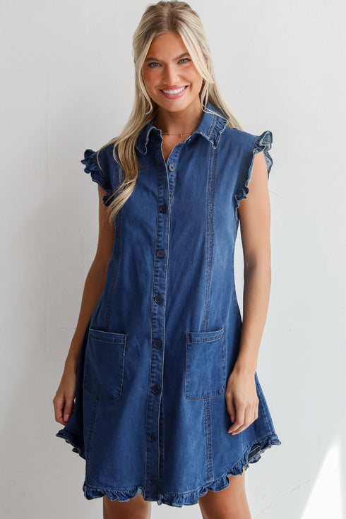 Sail Blue Ruffled Edge Collared Shift Denim Dress with Pockets