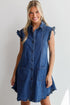 Sail Blue Ruffled Edge Collared Shift Denim Dress with Pockets