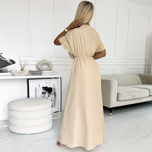 Satin V-neck Dress with Waist Belt and Slit Long Skirt for Women