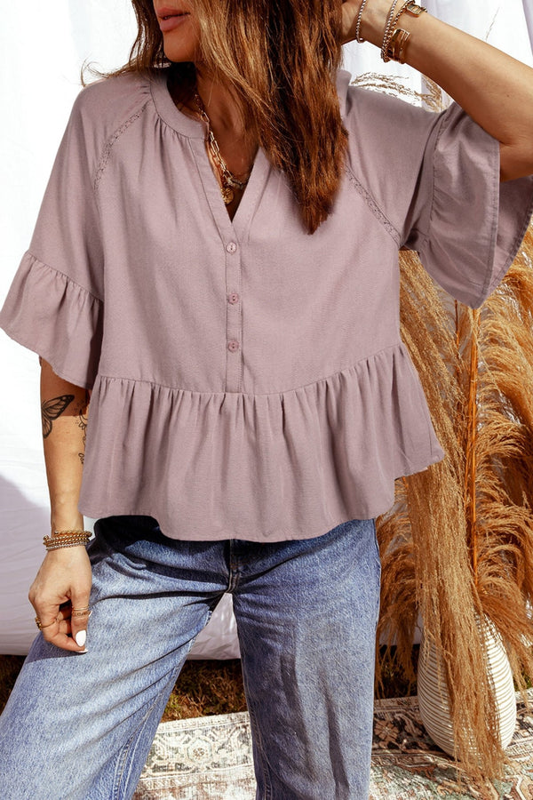 Women's Sepia Rose V-Neck Ruffled Cotton-Blend Blouse