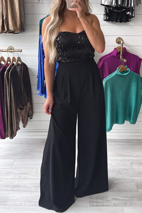 Sequin Embellished Black Tube Top Flared Jumpsuit