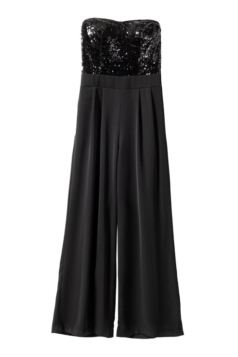 Sequin Embellished Black Tube Top Flared Jumpsuit