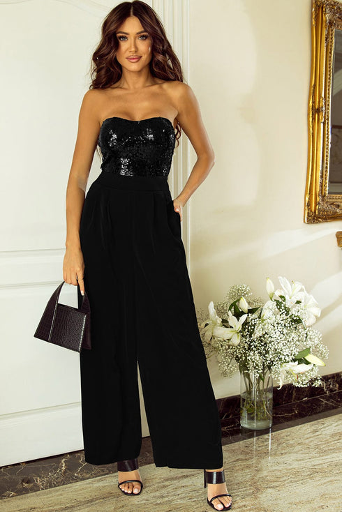 Sequin Embellished Black Tube Top Flared Jumpsuit