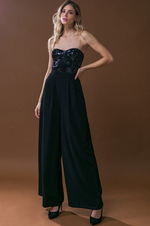 Sequin Embellished Black Tube Top Flared Jumpsuit