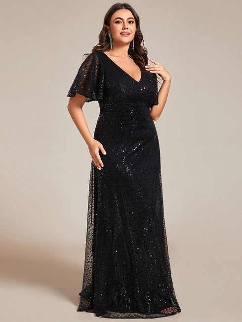 Sequin Embellished Plus Size Sheer Sleeve Evening Gown