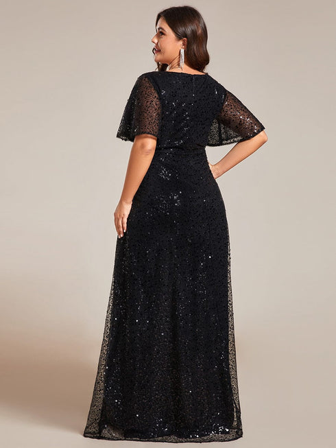 Sequin Embellished Plus Size Sheer Sleeve Evening Gown