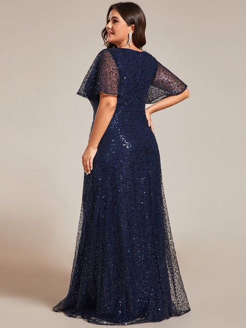 Sequin Embellished Plus Size Sheer Sleeve Evening Gown