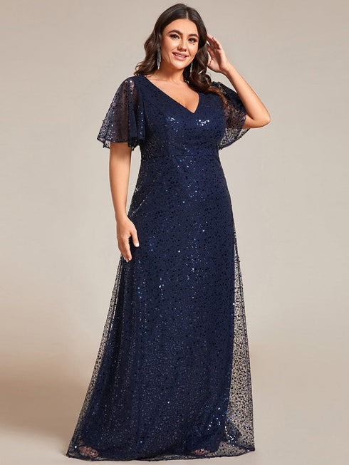 Sequin Embellished Plus Size Sheer Sleeve Evening Gown