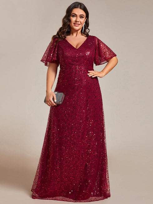 Sequin Embellished Plus Size Sheer Sleeve Evening Gown