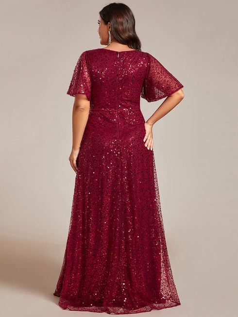 Sequin Embellished Plus Size Sheer Sleeve Evening Gown