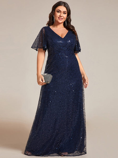 Sequin Embellished Plus Size Sheer Sleeve Evening Gown