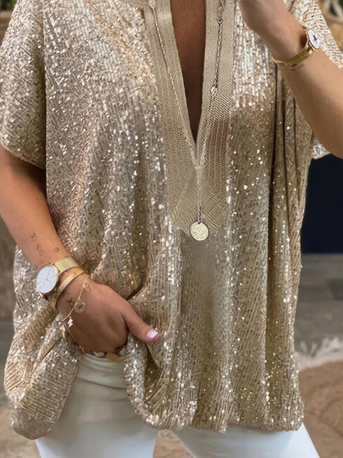 Sequin Embellished V-Neck Short Sleeve Fashion Blouse