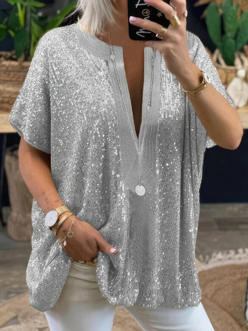 Sequin Embellished V-Neck Short Sleeve Fashion Blouse