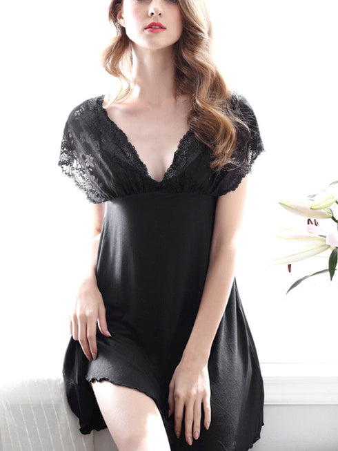 Sexy Loose Solid Color V Neck Lace Pajama