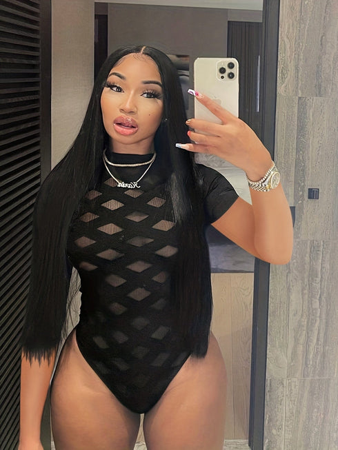 Sexy Mock Neck Mesh Sheer One Piece Jumpsuit