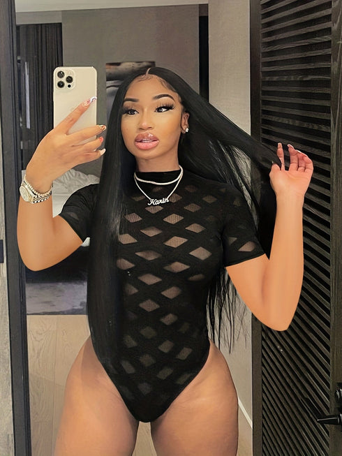 Sexy Mock Neck Mesh Sheer One Piece Jumpsuit