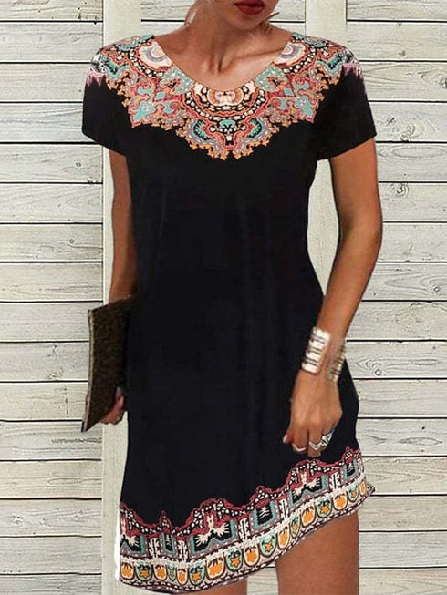 Shift Mini Dress Women's Ethnic Short Sleeve Floral Print Summer Dress