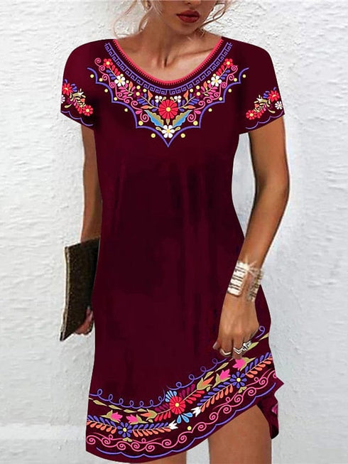 Shift Mini Dress Women's Ethnic Short Sleeve Floral Print Summer Dress