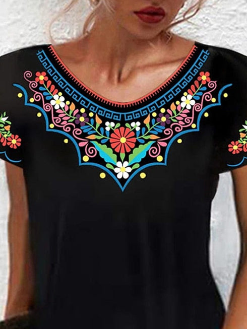 Shift Mini Dress Women's Ethnic Short Sleeve Floral Print Summer Dress