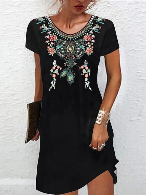 Shift Mini Dress Women's Ethnic Short Sleeve Floral Print Summer Dress