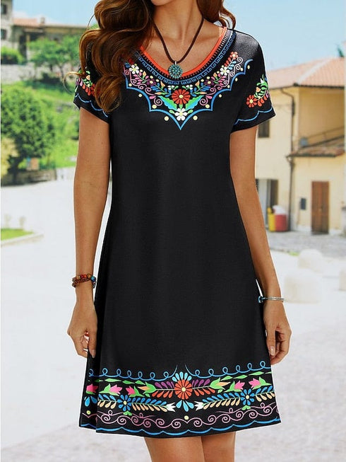 Shift Mini Dress Women's Ethnic Short Sleeve Floral Print Summer Dress