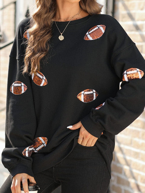 Shimmering Black Sequin Rugby Graphic Sweater