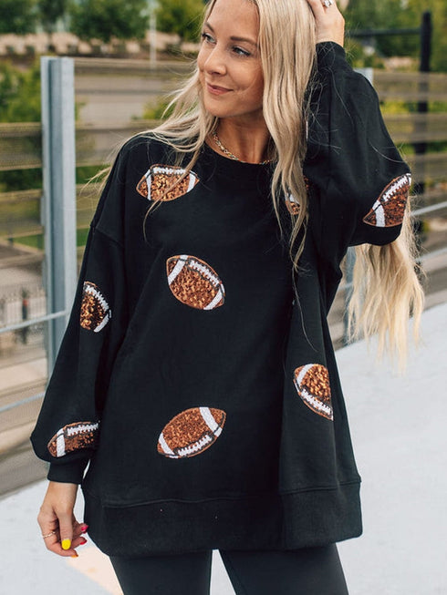 Shimmering Black Sequin Rugby Graphic Sweater