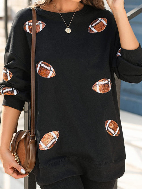 Shimmering Black Sequin Rugby Graphic Sweater