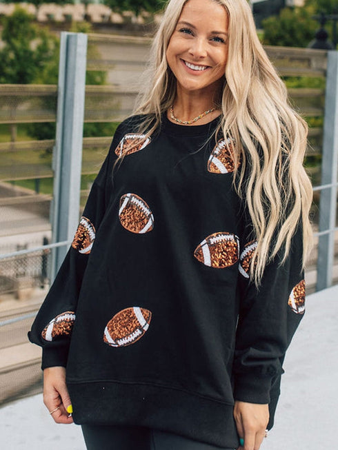 Shimmering Black Sequin Rugby Graphic Sweater