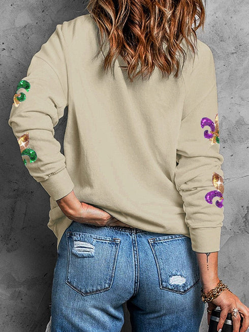 Shimmering Khaki Mardi Gras Sequin Graphic Crewneck Sweater