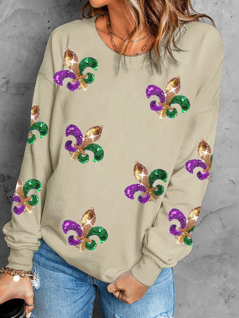 Shimmering Khaki Mardi Gras Sequin Graphic Crewneck Sweater