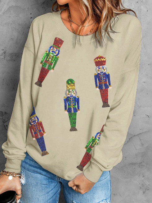 Shimmering Nutcracker Doll Khaki Sequin Sweater