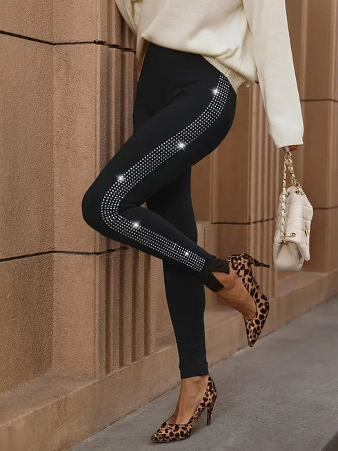 Shimmering Rhinestone-Embellished Stretchy Waist Slim Fit Trousers