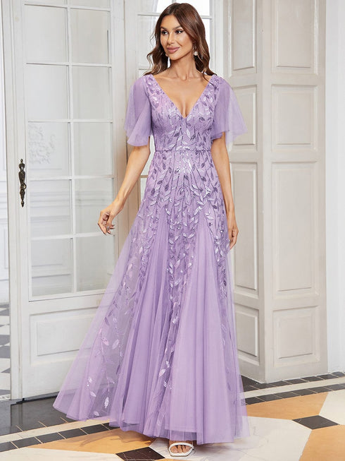 Shimmery V Neck Ruffle Sleeves Sequin Maxi Long Evening Dress