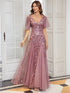 Shimmery V Neck Ruffle Sleeves Sequin Maxi Long Evening Dress