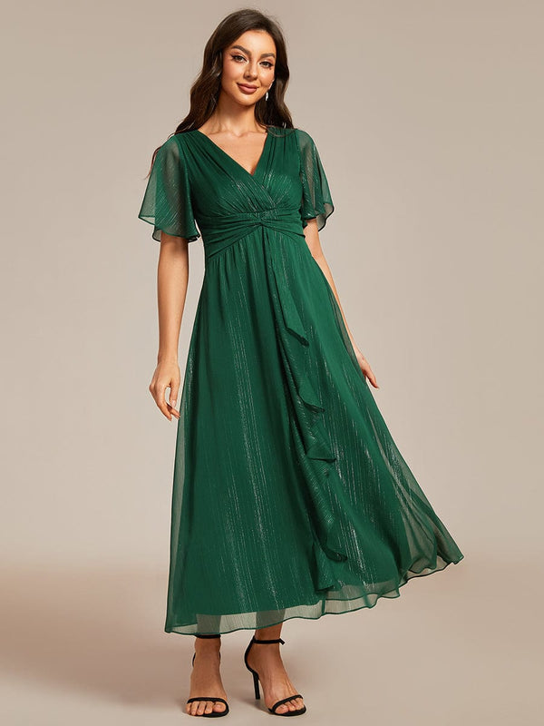 Shimmery V Neck Tea Length Wedding Guest Dress With Short Sleeves