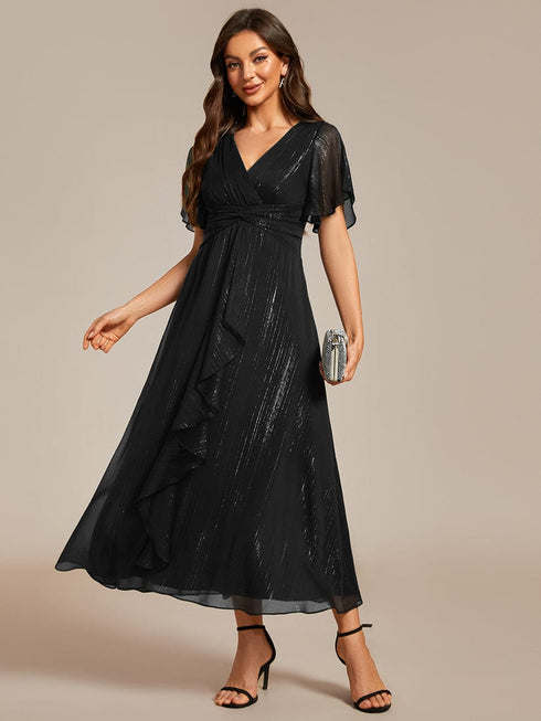 Shimmery V Neck Tea Length Wedding Guest Dress With Short Sleeves